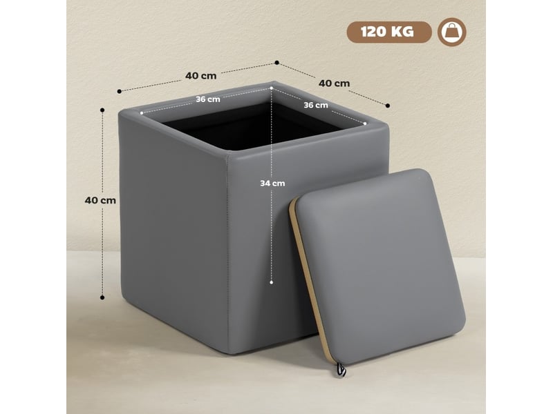  Pouf de rangement 40x40x40 cm avec couvercle réversible mdf gris  - Conforama E