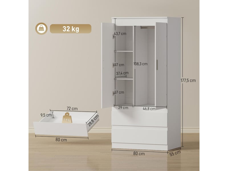  Armoire de chambre 2 portes et 2 tiroirs blanc 80x55x177,5 cm  - Conforama C