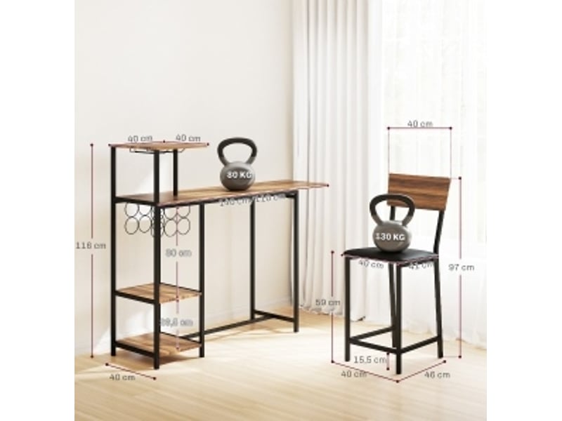  Lot de 3 table haute extensible marron avec 2 tabourets, rangement à vin et style industriel pour cuisine  - Conforama C