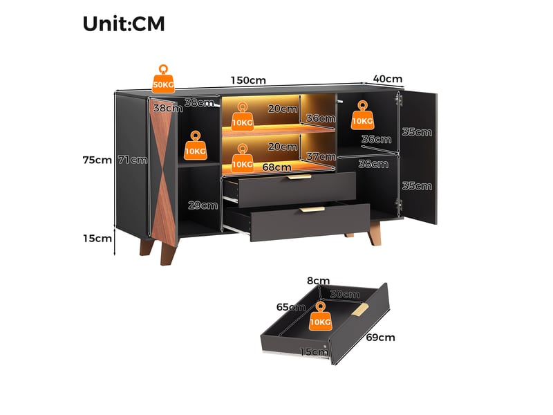 Buffet 4 portes 2 tiroirs en mdf avec éclairage led rgb, 150 x 40 x 90 cm, noir et bois naturel - Conforama C