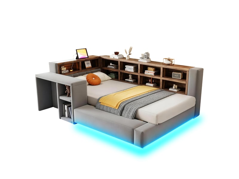  Lit combiné, 90x200 cm, doté de solutions de rangement, led, prises intégrées, matelas non inclus, mdf, coloris gris  - Conforama A