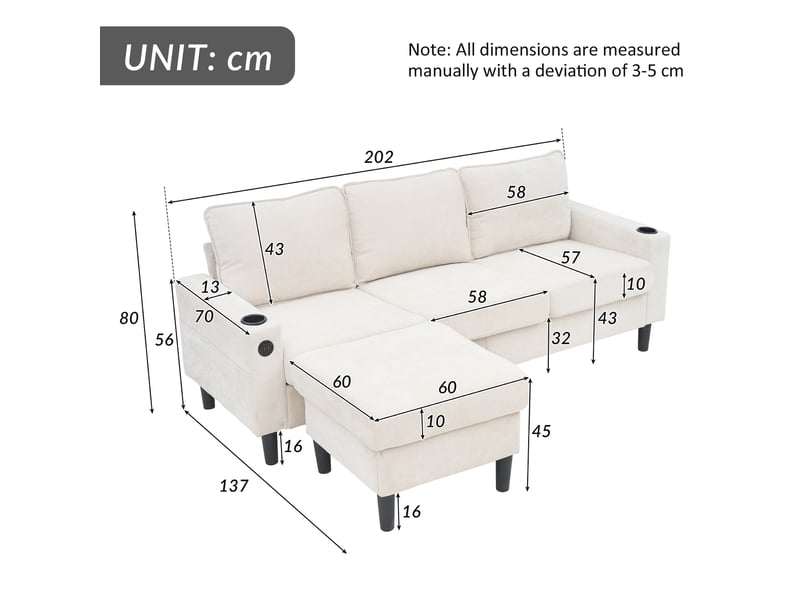  Canapé d'angle beige en lin, canapé 3 places en l avec port usb, type-c et porte-gobelets, idéal pour salon et appartement  - Conforama C