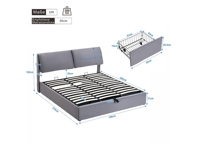  Lit 180 x 200 cm en velours gris avec coffre et 3 tiroirs  - Conforama E