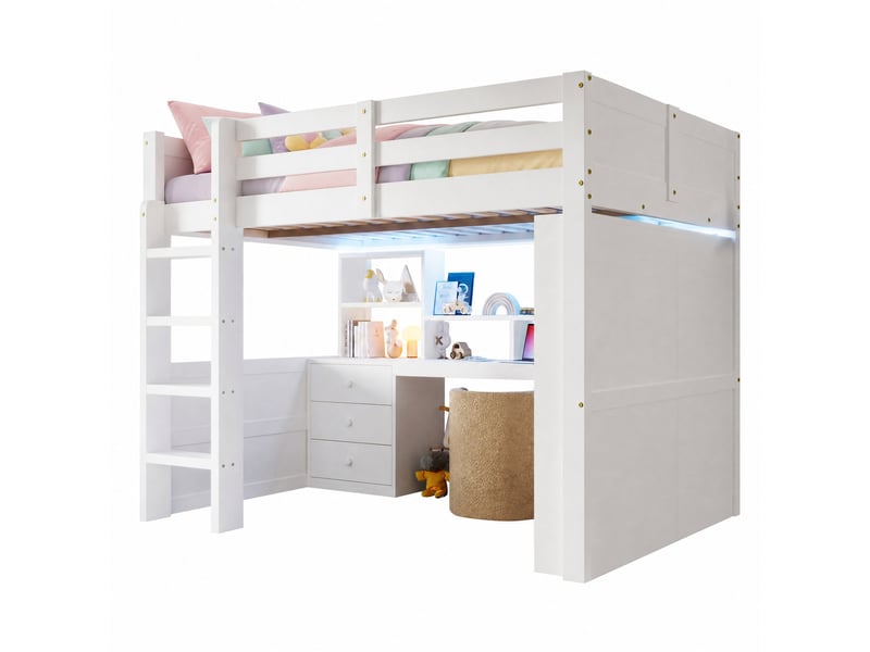  Lit mezzanine enfant 140x200 cm avec bureau, armoire, led et rangements blanc  - Conforama A