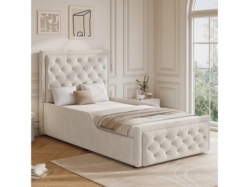  Lit coffre enfant 90 × 200 cm 1 place avec rangement hydraulique, sans matelas, en velours, beige  - Conforama B