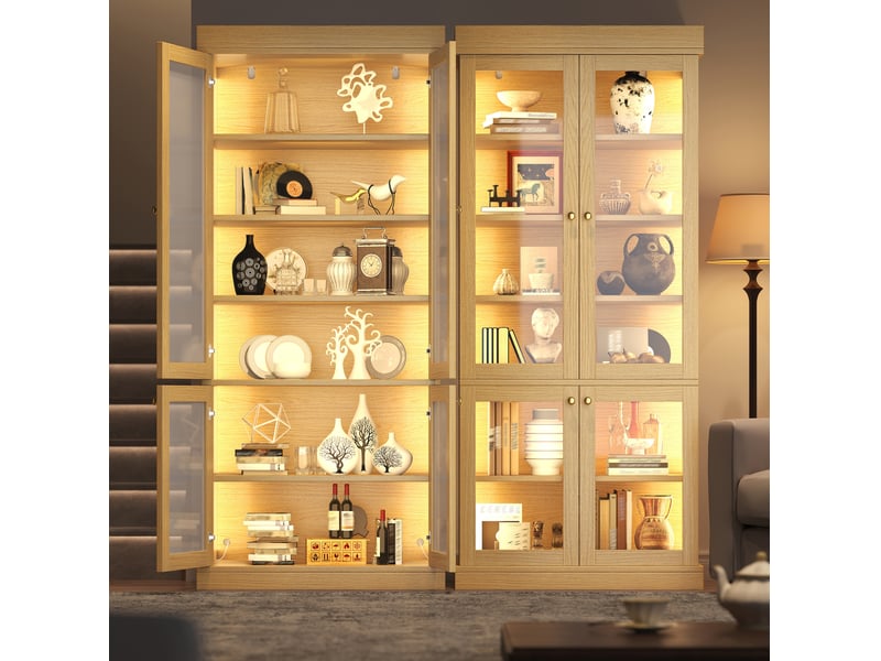  Armoire de rangement à led multicolore, anti-basculement, mdf et verre, bois naturel 160 × 40 × 180 cm  - Conforama C