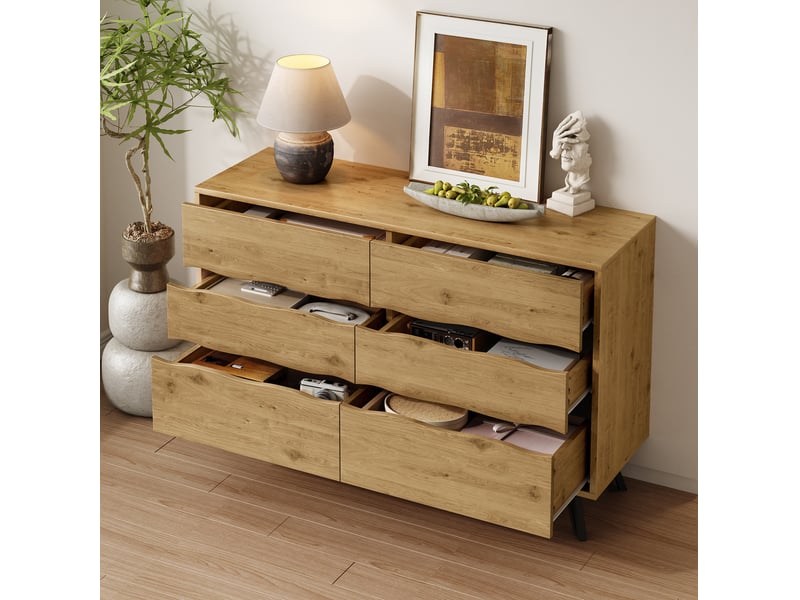  Buffet bas à 6 tiroirs en bois, pieds en métal noir, 120 x 40 x 75,5 cm  - Conforama B