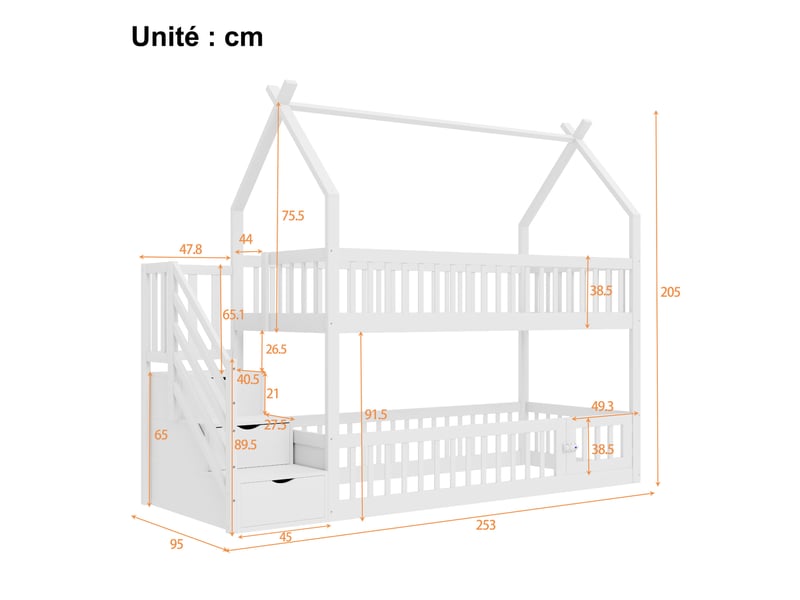  Lit superposé en bois massif, lit 2 places avec toit cabane, escalier et tiroirs, 90x200 cm, sans matelas, blanc  - Conforama D
