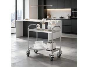 Desserte de cuisine 80 x 45 x 82 cm grise en acier inoxydable chromé, 2 plateaux et roulettes freinées