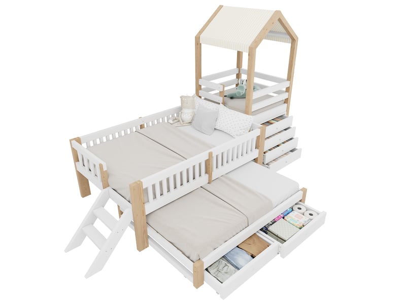  Lit gigogne 90x190 cm - lit cabane enfant 90x200 cm - 4 tiroirs, escalier et toit en tissu - blanc  - Conforama A