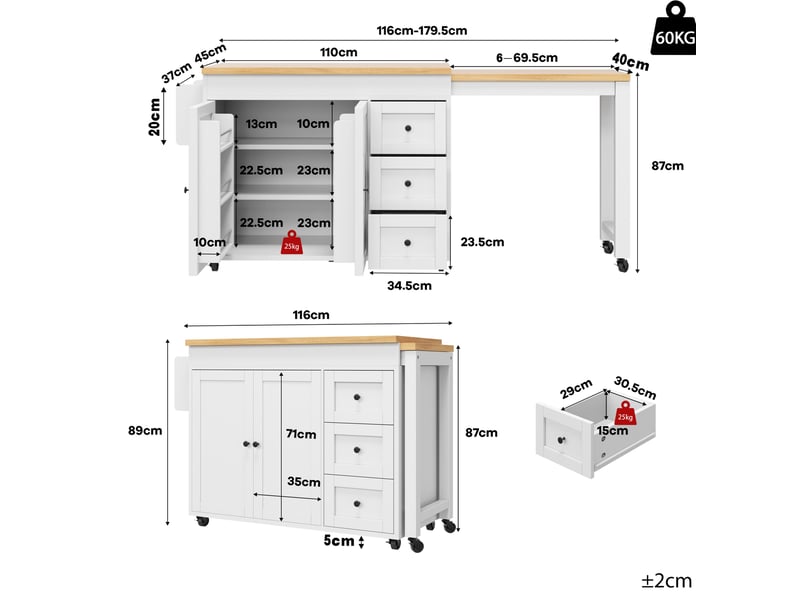 Îlot de cuisine extensible 116x45x89 cm, meuble cuisine, avec 3 tiroirs et roulettes, structure en mdf, couleur blanc - Conforama C
