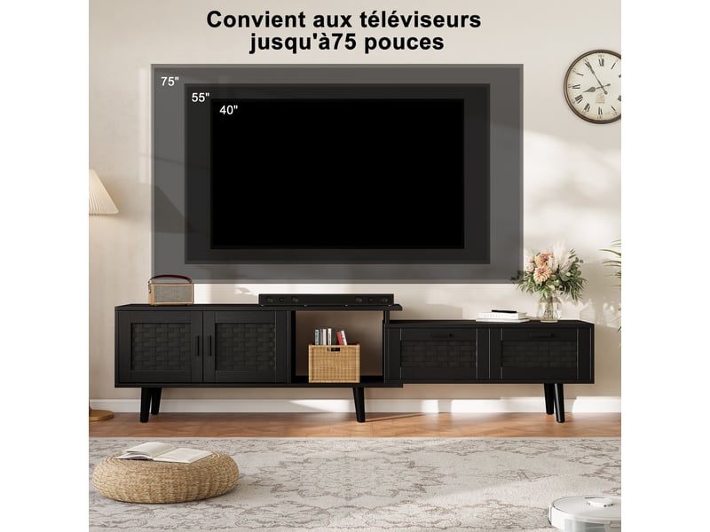 Meuble tv extensible - facade en rotinbois 115-169x30x44cm - grand rangement - style bohème & naturel - noir - Conforama D