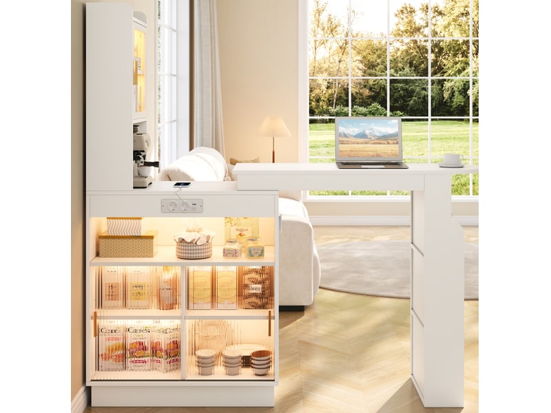  Table de bar extensible avec rangement led et prises 131-170x40x170 cm blanche  - Conforama B