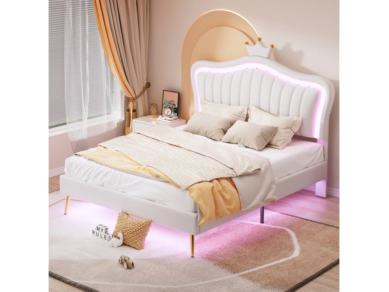  Lit enfant 140x200 cm avec tête de lit coquillage, led et sommier à lattes, blanc  - Conforama B