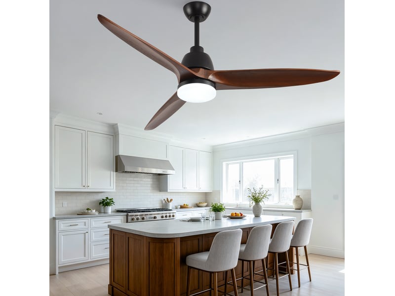  Ventilateur de plafond 142 cm avec led, télécommande, 6 vitesses, noyer et noir  - Conforama D