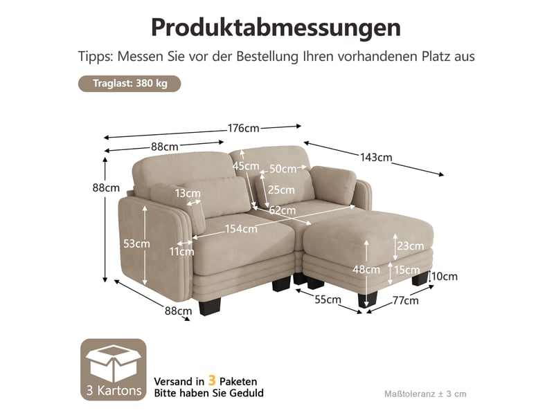  Canapé d'angle modulable modenvie 2 places en chenille avec ottomane marron clair 176 x 143 x 88 cm  - Conforama C