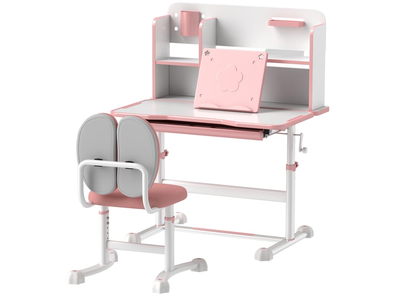 Ensemble bureau et chaise enfant réglable en hauteur rose et blanc avec plateau inclinable  - Conforama B