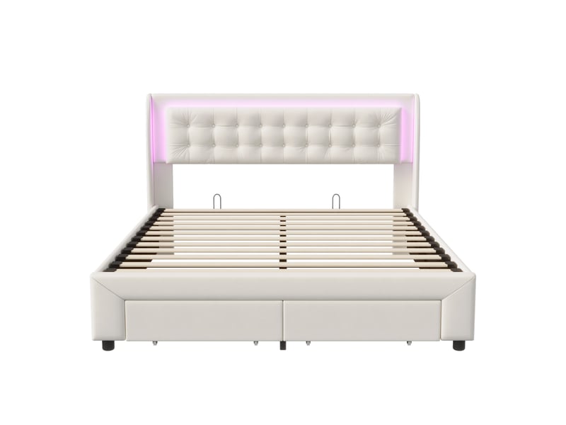  Lit coffre 2 places 180x200 cm avec tête de lit, lit adulte, 2 tiroirs, rangement, led, design européen, velours beige  - Conforama W