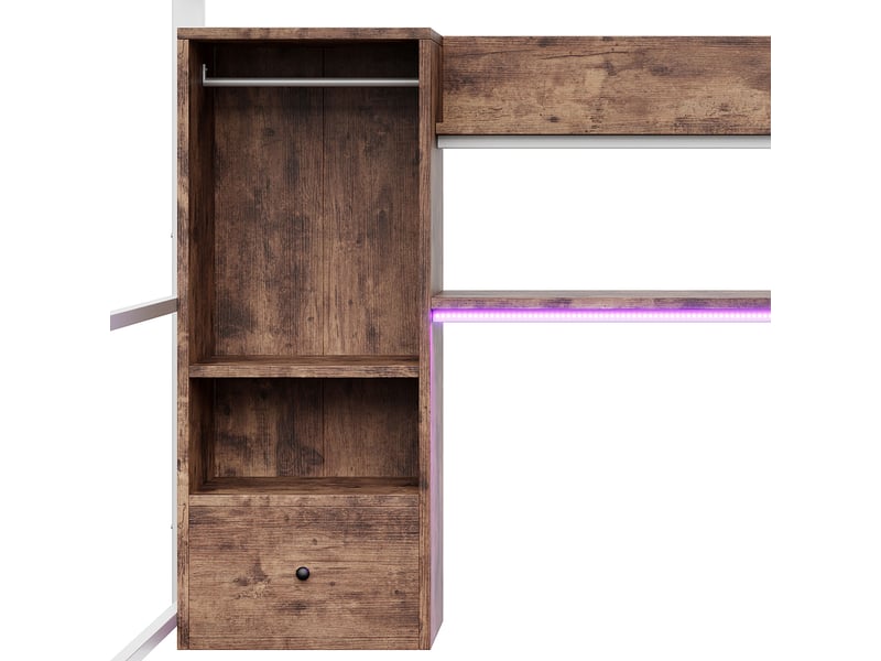 Lit mezzanine 2 places- 140x200 cm - blanc - éclairage led - bureau intégré - 1 tiroir - étagères - garde-corps - Conforama R