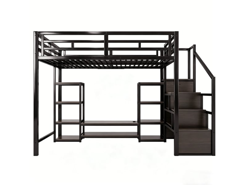 Lit mezzanine 140x200 cm - support tv - prise électrique - échelle avec rangements - métal et bois - noir - Conforama R