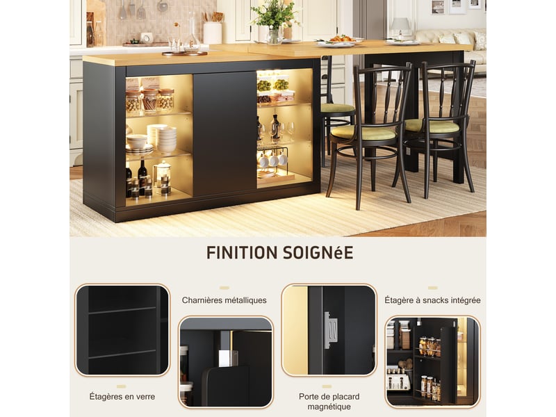 Îlot de cuisine extensible 120-197 cm avec led rgb réglable par application, portes magnétiques, blanc et noir - Conforama D