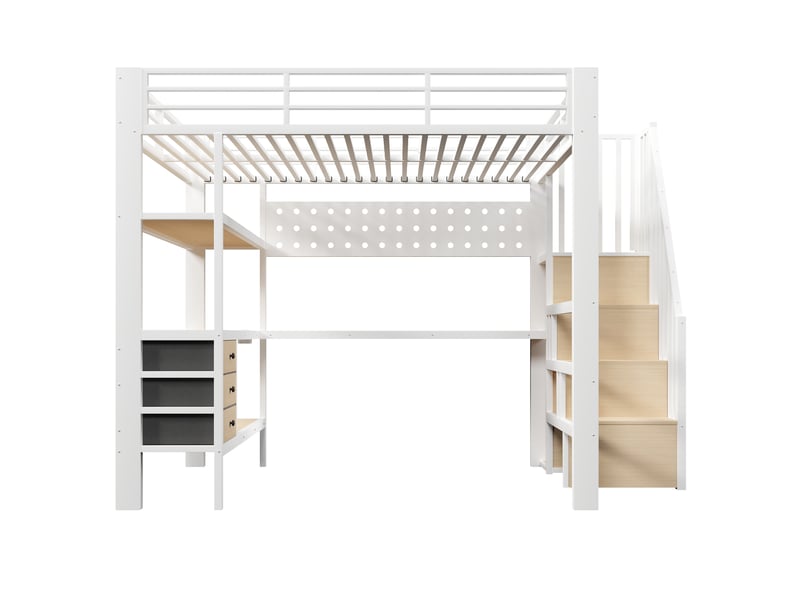 Lit mezzanine métal blanc 140x200 cm avec bureau led tiroir panneau perforé prise - Conforama A