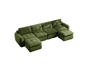 Canapé panoramique en u 4 places modulable avec 2 poufs, sans cadre en chenille verte, 334 × 160 × 68 cm