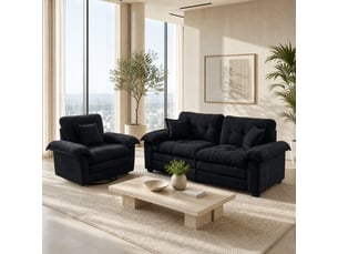 Ensemble de canapés 2 pièces noir en chenille, 1 place et 2 places avec coussins décoratifs