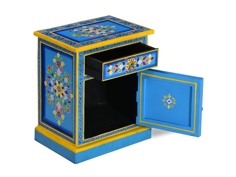 Table de chevet - cabinet de chevet - table de nuit bois de manguier turquoise peinture à la main - Conforama A