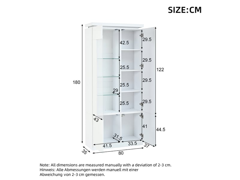 Vitrine 80x35x180 cm blanche brillante avec portes acryliques et éclairage led - Conforama C