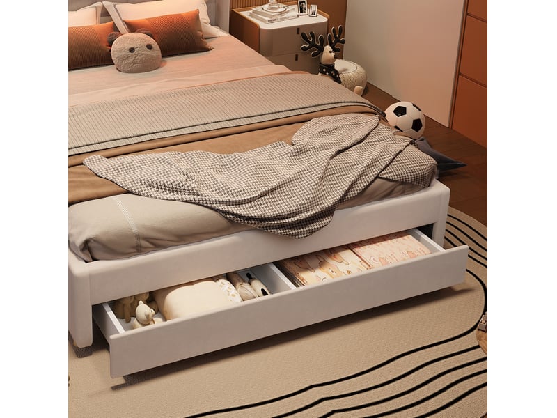  Lit cabane enfant 140x200 cm en velours beige avec toboggan, sans matelas  - Conforama D
