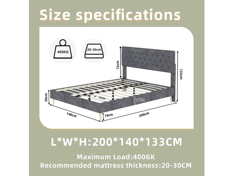  Lit adulte 140 x 200 cm, sans matelas, velours gris, doté de tête de lit moelleuse et sommier, lit 2 places  - Conforama C