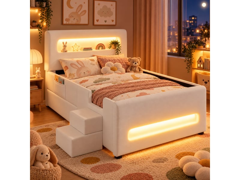 Lit enfant rembourré 90 x 200 cm, escalier, tiroir de rangement, led avec application, usb, poches latérales, pu, blanc  - Conforama E
