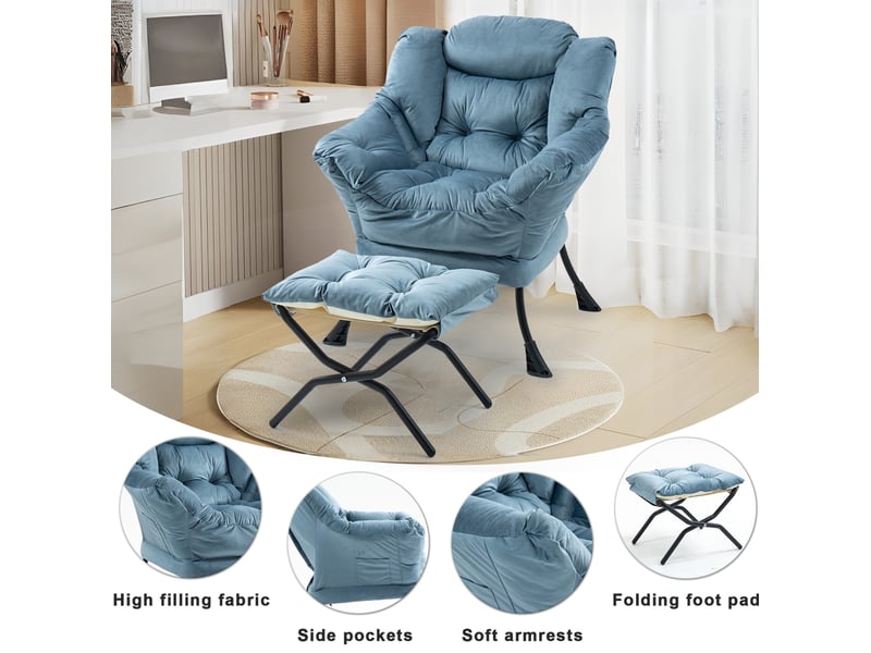  Fauteuil relax bleu clair avec repose-pieds pliable, appui-tête rembourré et poche latérale pour votre intérieur  - Conforama E