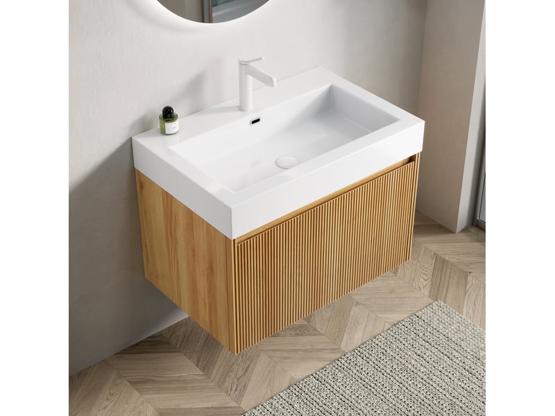  Meuble rangement salle de bain tiroir 70 cm vasque integree bois naturel blanc homvra  - Conforama C