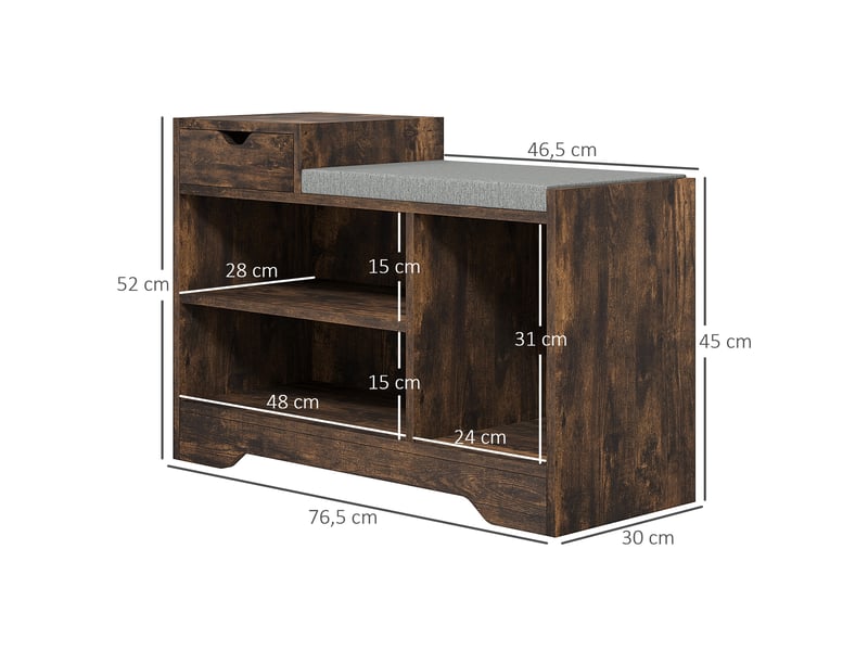  Meuble et banc à chaussures, 1 tiroir et 3 compartiments, capacité 5 paires, mdf, 76,5 x 30 x 52 cm, marron  - Conforama E