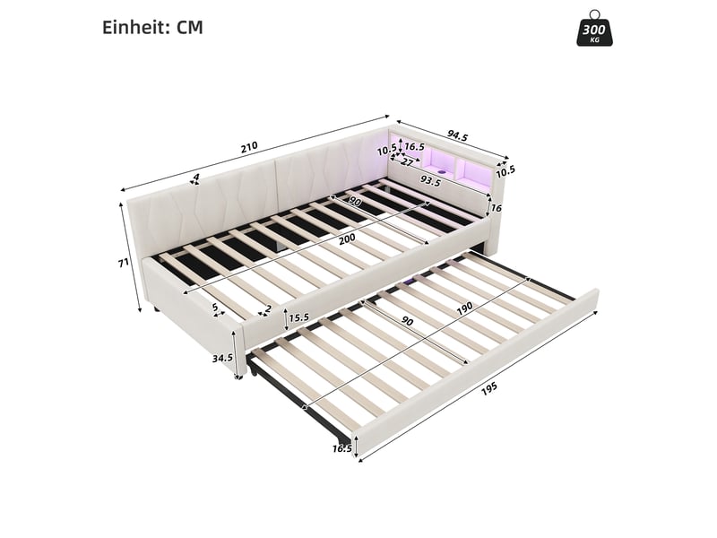 Lit enfant 90x200 cm (gigogne 90x190 cm) gain de place led couleur usb et type‑c rangements lin mdf beige sans matelas - Conforama C