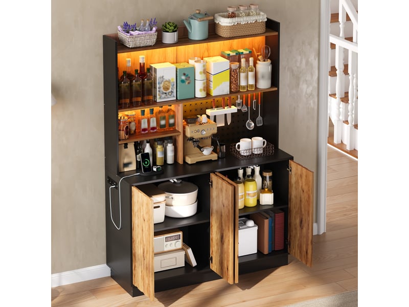Buffet cuisine 4 portes, 120 x 43 x 160 cm, éclairage led, prises, ports usb, panneau perforé et anti-basculement, mdf, noir Morn Vibe - Conforama D