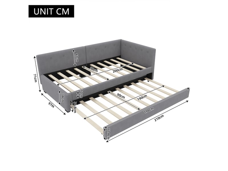 Lit banquette gris 90x200 cm avec lit gigogne, canapé-lit, style minimaliste, convertible - Conforama C