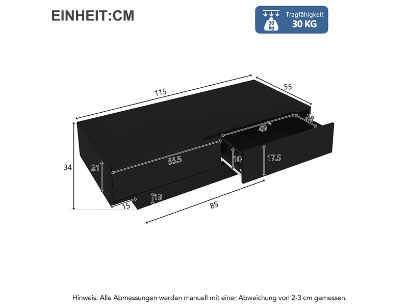  Table basse 115x55x34 cm avec 2 tiroirs et éclairage led, panneau de particules noir  - Conforama E
