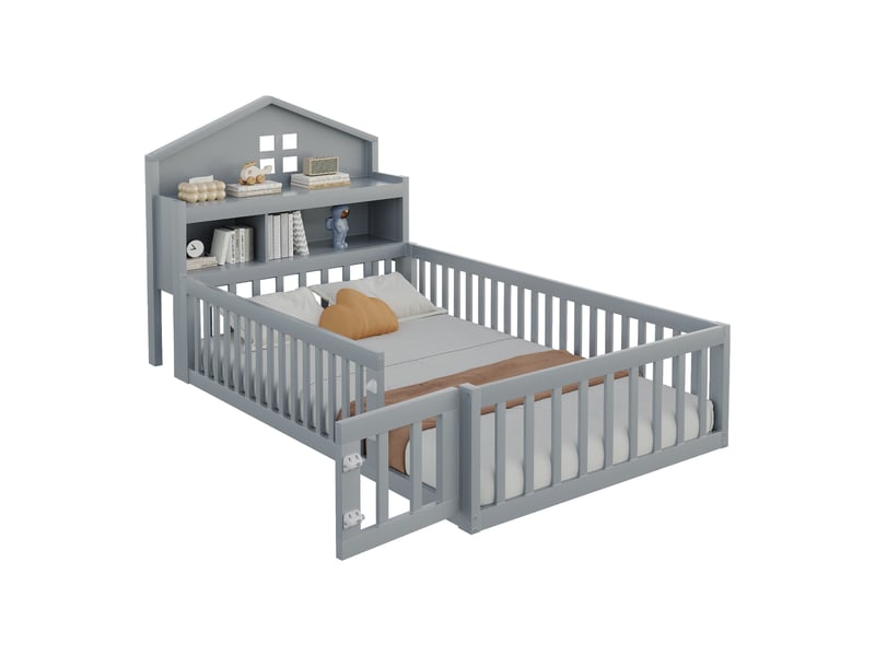  Lit enfant 90x200 cm avec étagère, tableau noir, garde-corps et sommier, forme de maison, bois gris, sans matelas  - Conforama A