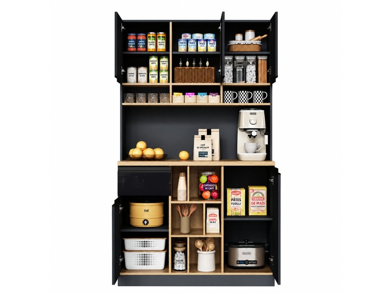  Buffet de cuisine moderne 105 x 45 x 185 cm, portes brillantes et rangements, anthracite et noir  - Conforama A