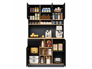 Buffet de cuisine moderne 105 x 45 x 185 cm, portes brillantes et rangements, anthracite et noir