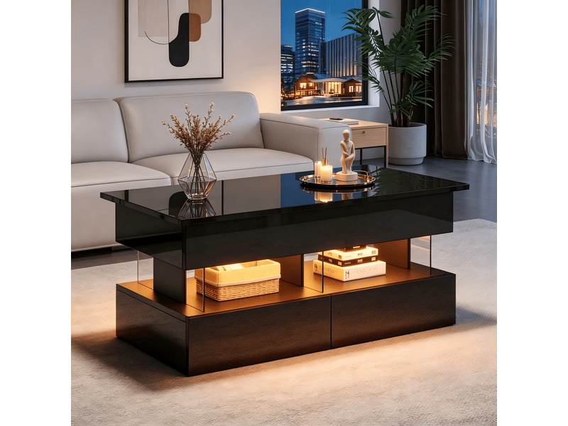  Table basse relevable avec rangement caché et 2 tiroirs, 100x50 cm, mdf noir brillant et led  - Conforama D