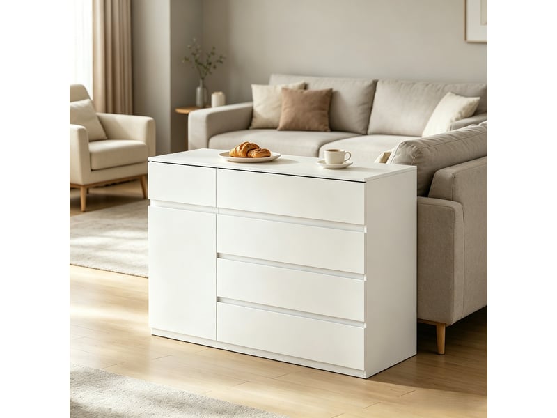  Commode à 5 tiroirs et 1 porte, 100 x 40 x 80 cm, étagère réglable et façades sans poignées, blanc  - Conforama D