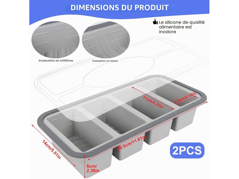  Moule à soupe en silicone avec couvercle, boîte à lunch compartimentée, 4 compartiments, 1000 ml, ensemble de 2 pièces, gris ZYS01848LHY - Conforama B