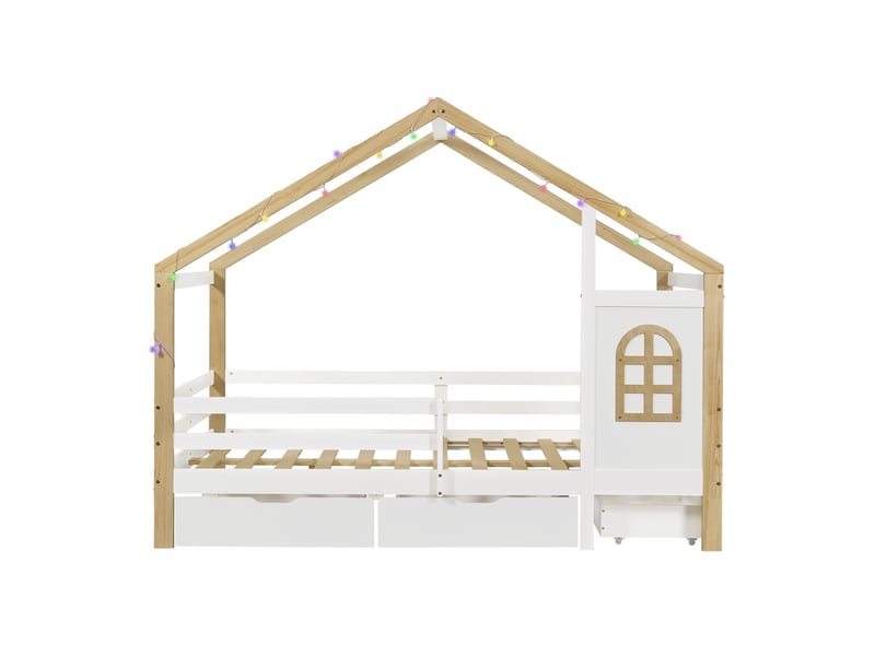  Lit cabane en bois, 120 x 200 cm, blanc et bois naturel, avec motif fenêtre, barrière de sécurité, 3 grands tiroirs et guirlande lumineuse  - Conforama A