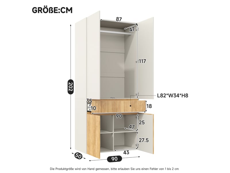  Armoire à portes battantes 90x50x202 cm, 1 tringle, 1 tiroir, 4 portes, mdf, chêne clair et gris, chambre et dressing  - Conforama C