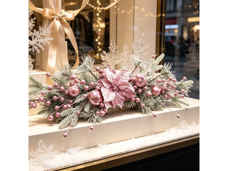  Couronne de noël rose vif 70cm, effet floqué enneigé – décoration de porte et intérieur  - Conforama E