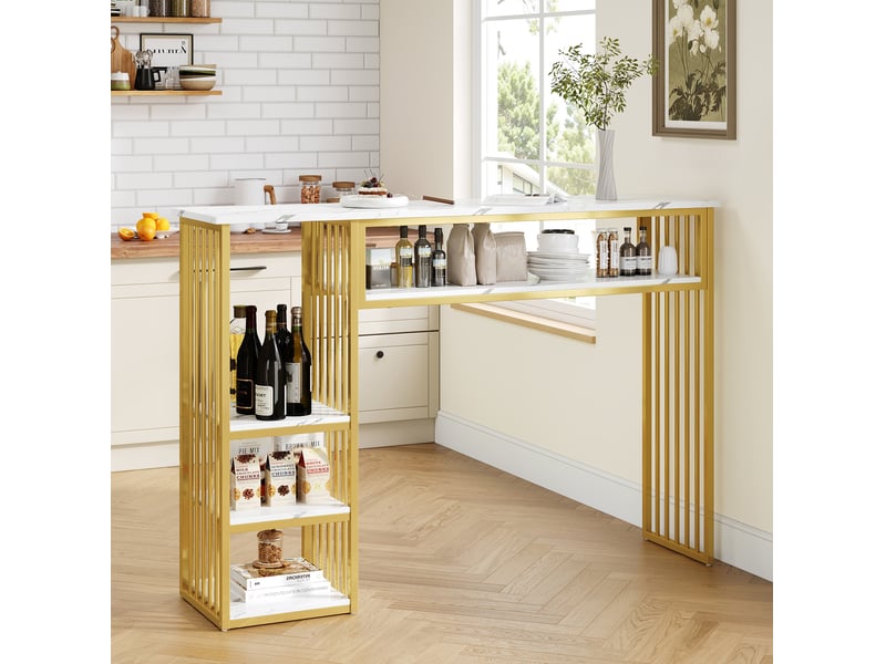  Table de bar 140x40x105 cm avec rangements, décor marbre blanc et doré  - Conforama B